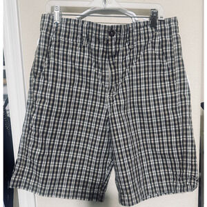 Men's Brown Plaid Shorts Merona 33x10 casual chino flat front 100% cotton